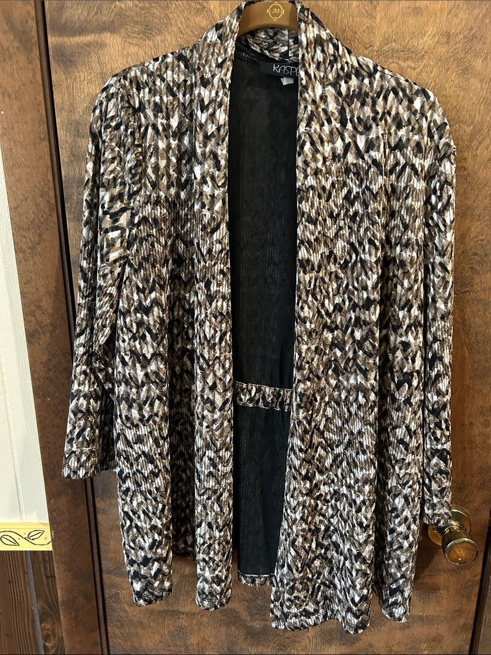 Kasper Draped Open-Front Cardigan in Brown Black Cream gathered in back